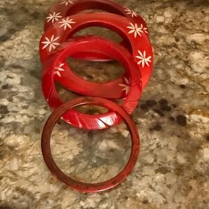 Red Floral Bakelite Bangle Set